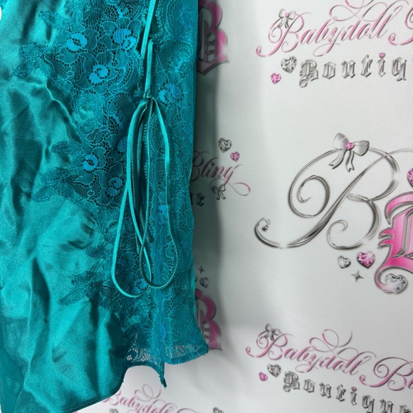 La senza dress babydoll lace corset tie up sides shimmer Teal Satin Chemise - Picture 14 of 15